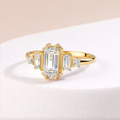 Unique Art Deco Style 18k Yellow Gold Vermeil Baguette-Cut Cubic Zirconia Engagement Ring for Her