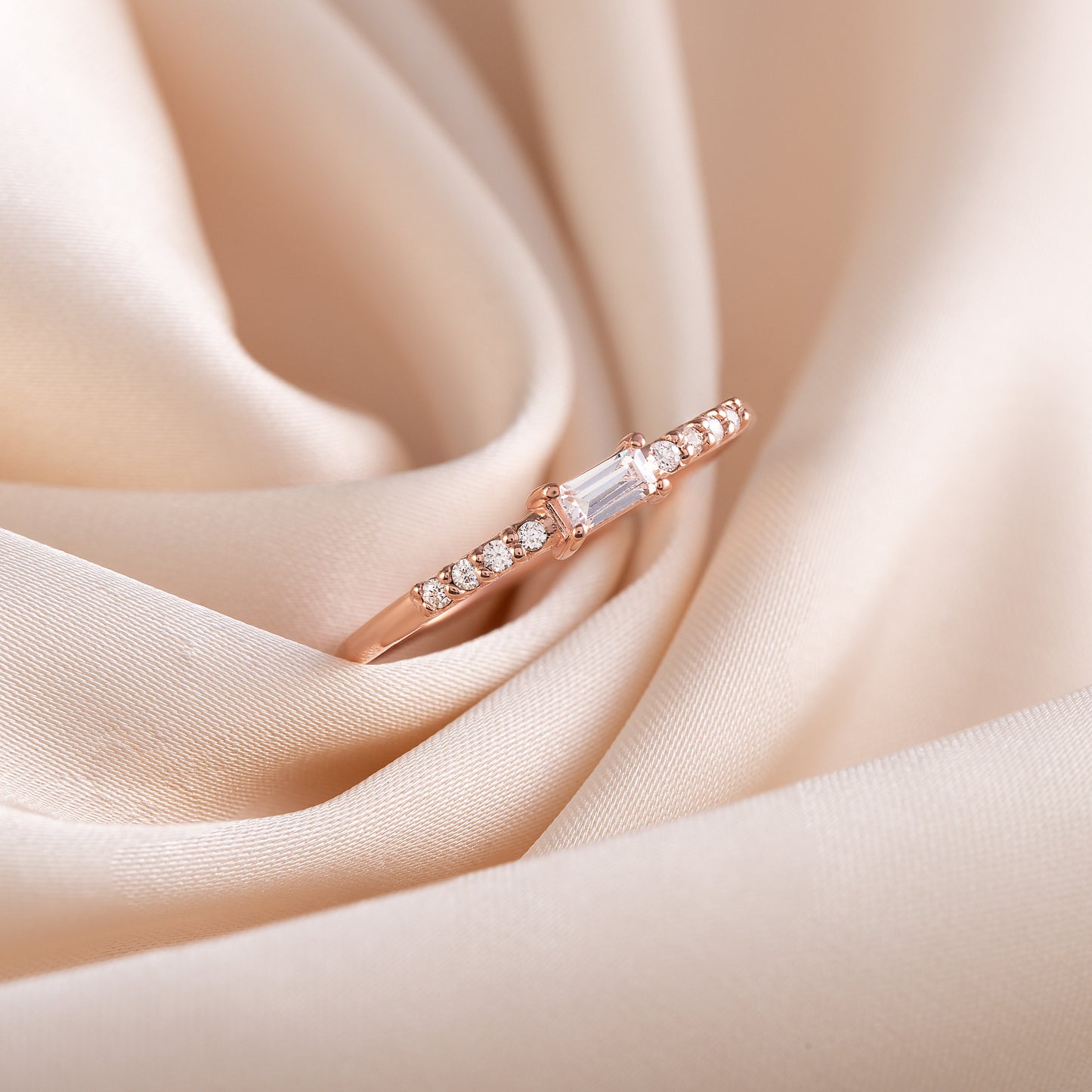 Minimalist Dainty 18K Rose Gold Vermeil Baguette CZ Engagement Ring