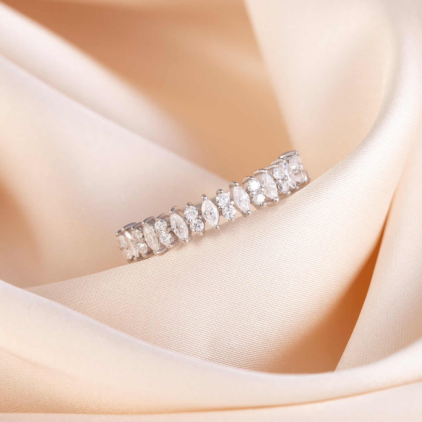 Women Unique 925 Sterling Silver Marquise & Round CZ Wedding Band