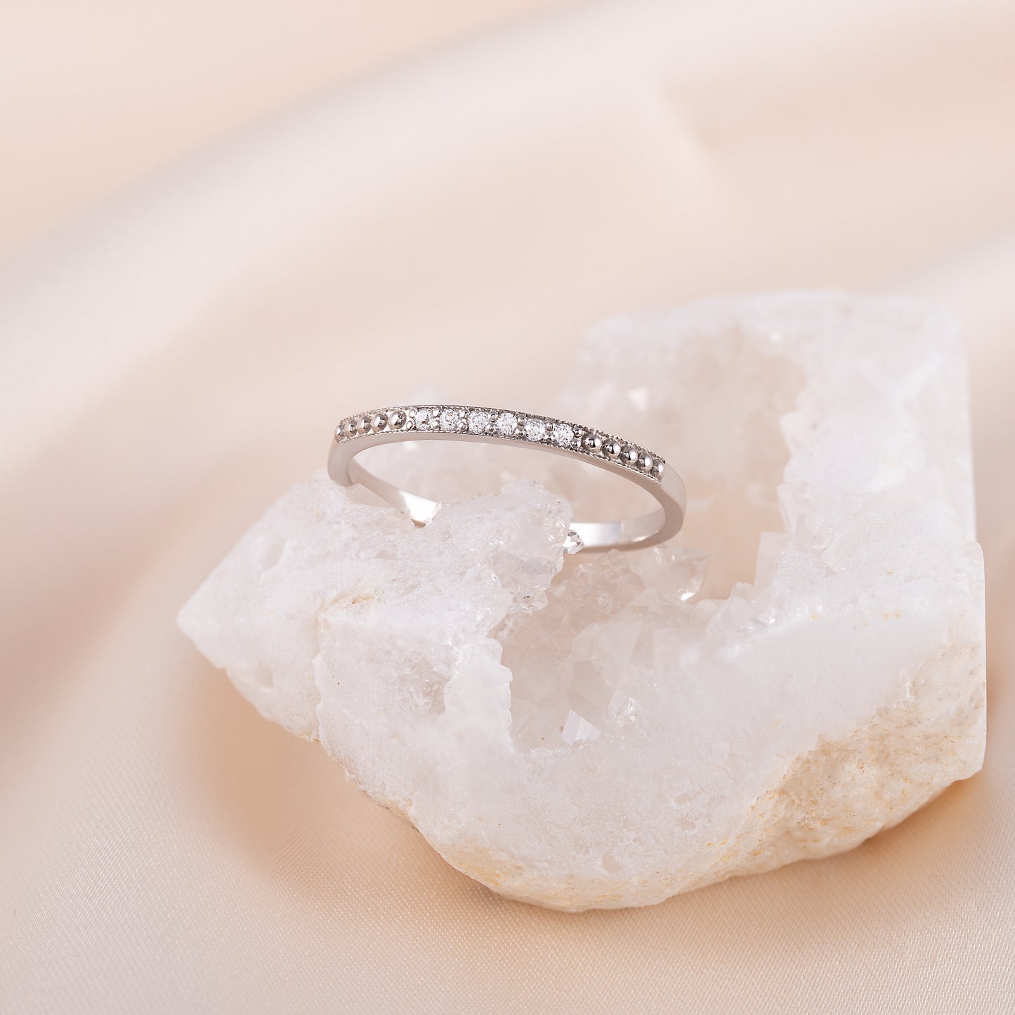 Women Minimalist 925 Sterling Silver Half Eternity CZ Stackable Wedding Band