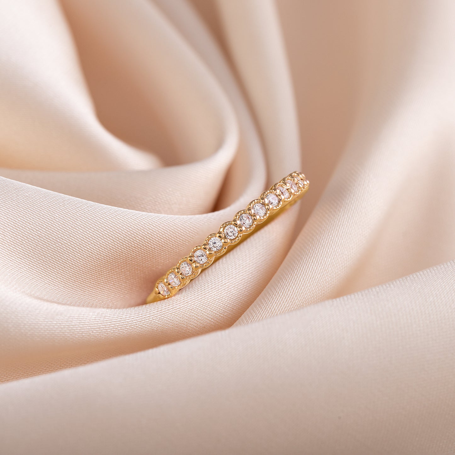 Women Dainty & Elegant 18K Yellow Gold Vermeil Silver Half Eternity Bezel Set CZ Wedding Band