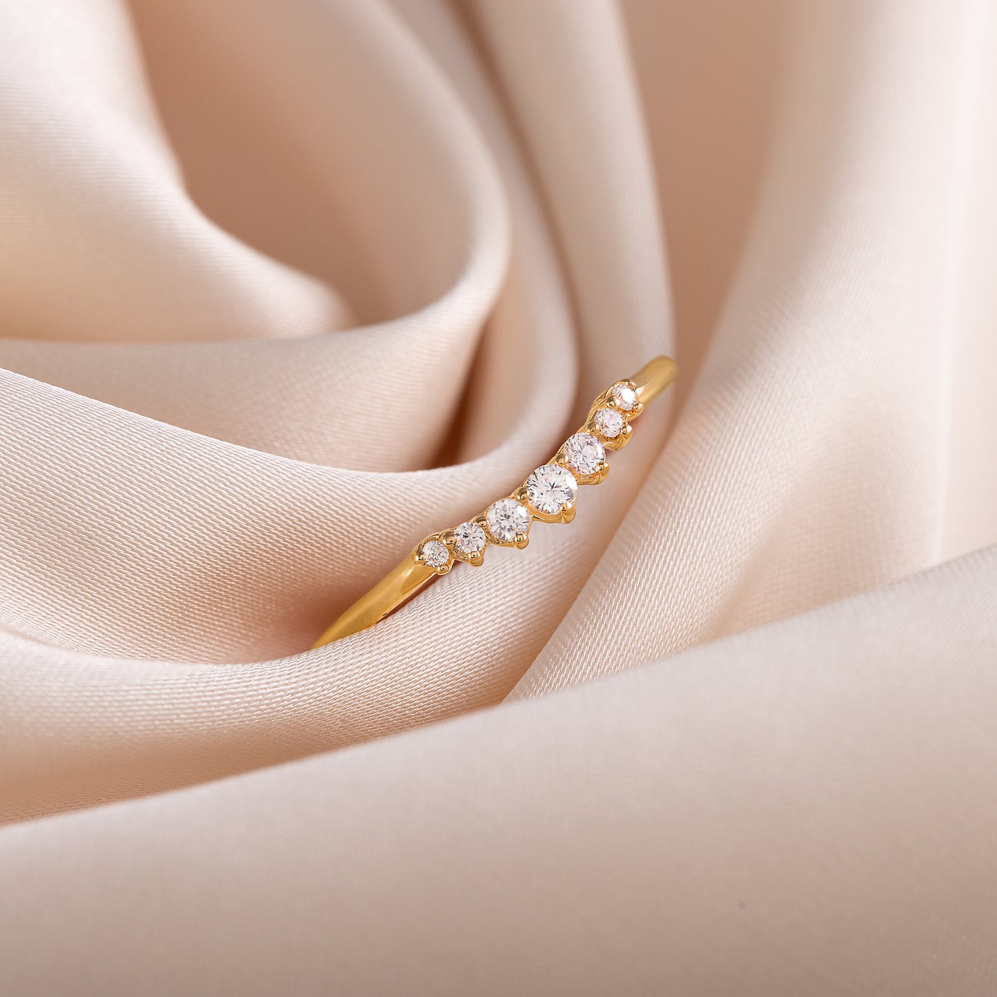 Women Dainty 18K Yellow Gold Vermeil Silver Chevron Wedding Band, Curved Stacking Ring
