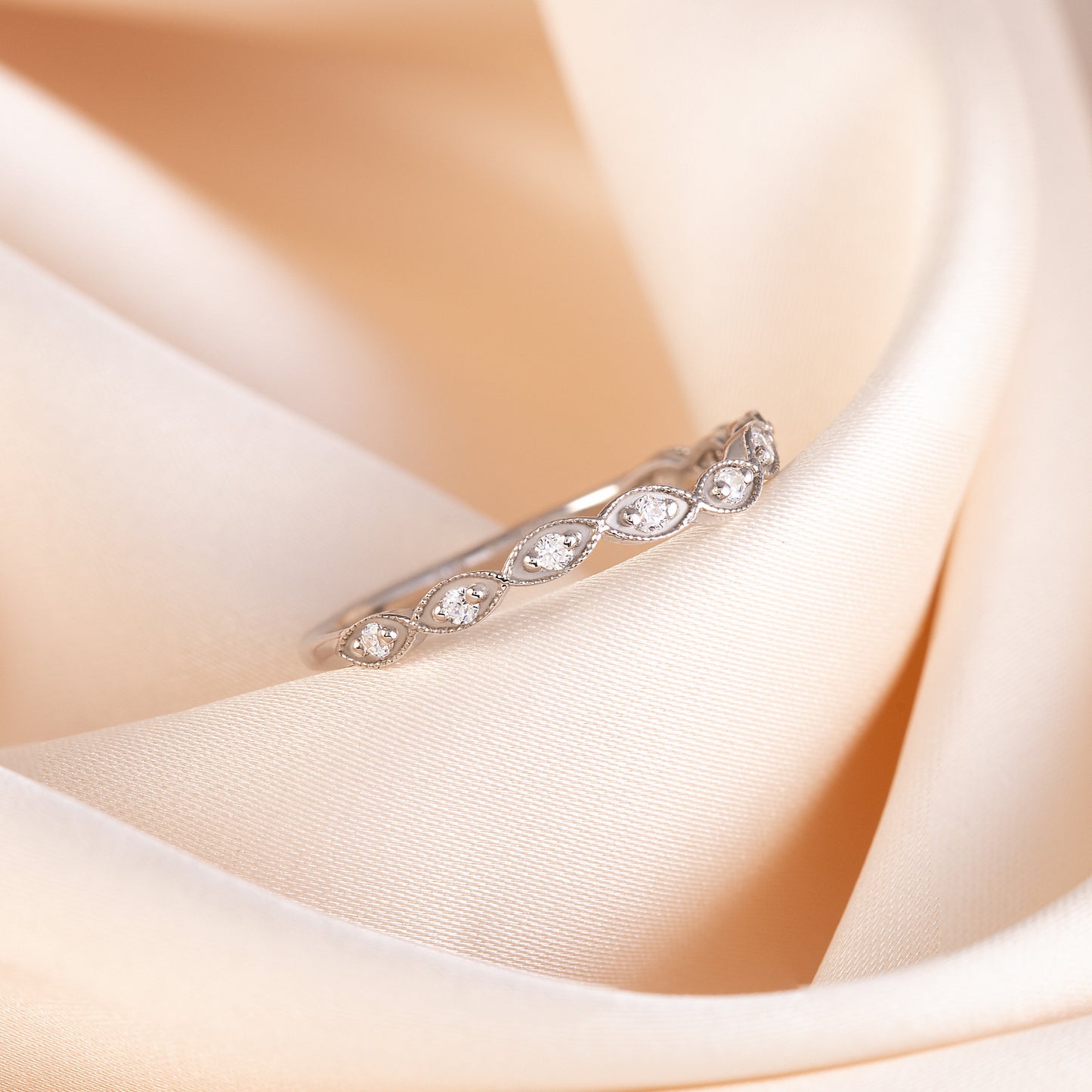 Women Dainty 925 Sterling Silver CZ Curved Stacking Wedding Band