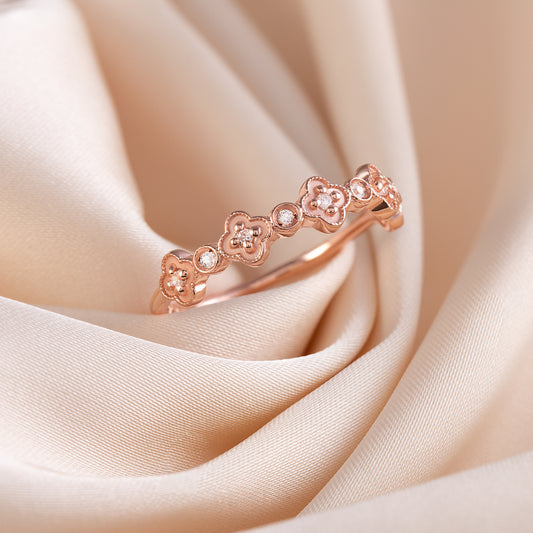 Unique Art Deco Style 18k Rose Gold Vermeil Silver CZ Floral Stackable Wedding Band
