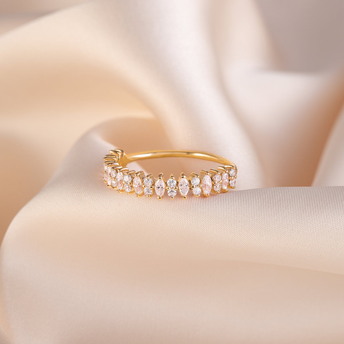 Unique Women 18K Yellow Gold Vermeil Silver Half Eternity Marquise CZ Wedding Band
