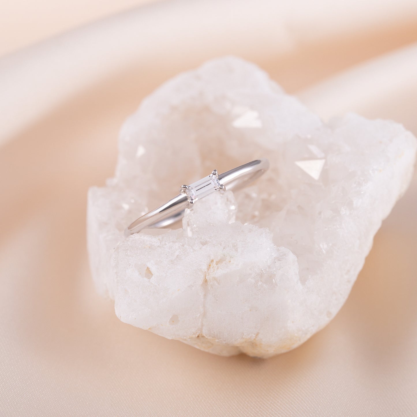 Minimalist Delicate 925 Sterling Silver Baguette CZ Solitaire Promise Ring for Her