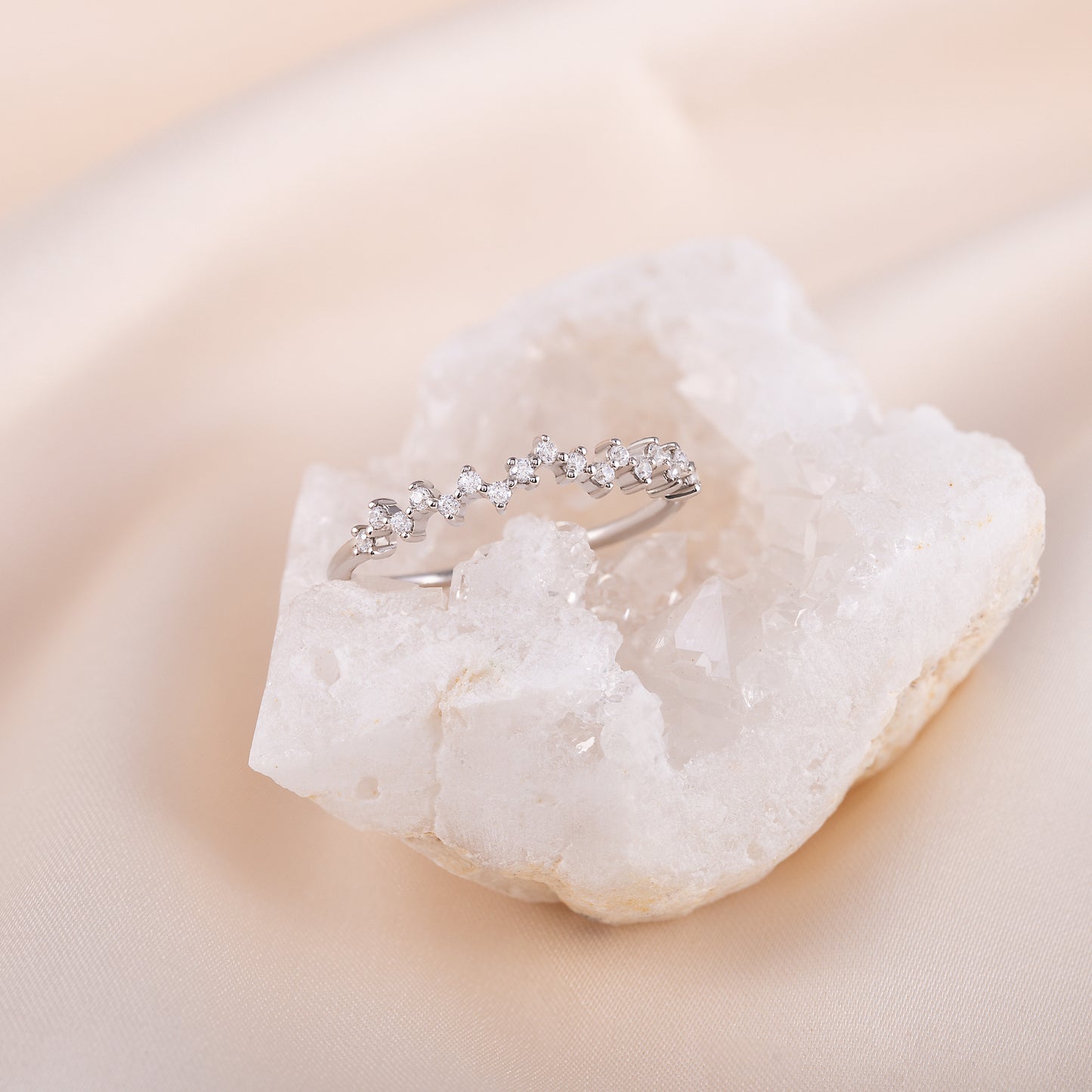 Women Minimalist Elegant 925 Sterling Silver CZ Cluster Wedding Band