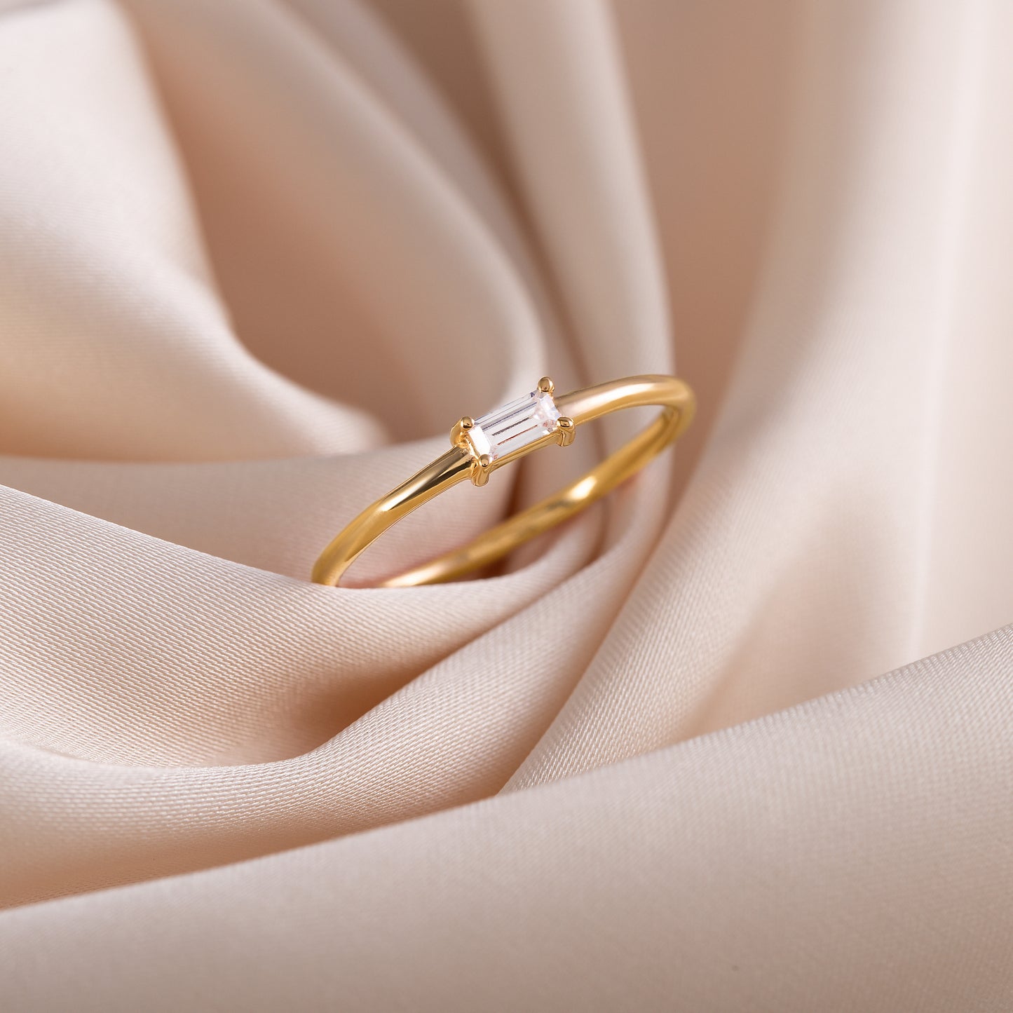 Dainty Minimalist 18k Vermeil Gold Filled Silver Baguette CZ Solitaire Promise Ring for Her