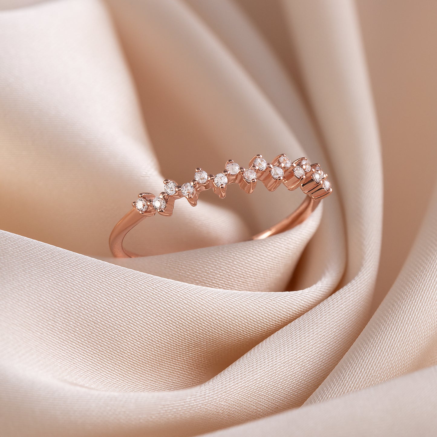 Dainty Minimalist 18k Rose Gold Vermeil Silver CZ Cluster Wedding Band for Her