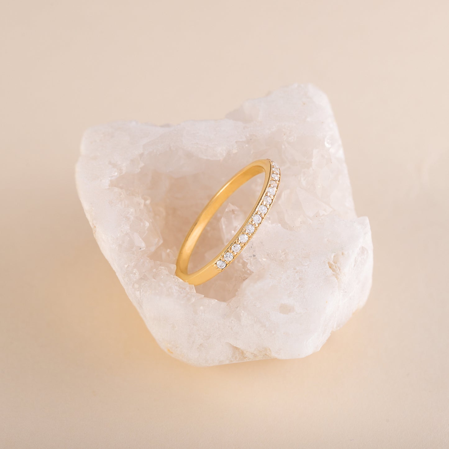 Women Minimalist Half Eternity CZ 18K Yellow Gold Vermeil Silver Wedding Band, Dainty Stacking Ring