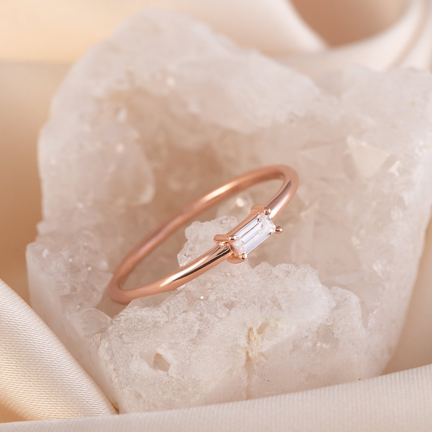 Minimalist 18K Rose Gold Vermeil Silver Baguette CZ Promise Ring for Her