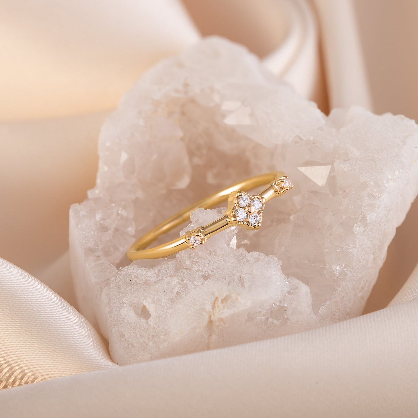 Women Dainty Minimalist 18K Yellow Gold Vermeil Silver CZ Floral Engagement Ring