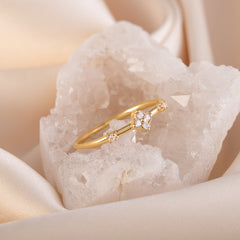 Women Dainty Minimalist 18K Yellow Gold Vermeil Silver CZ Floral Engagement Ring