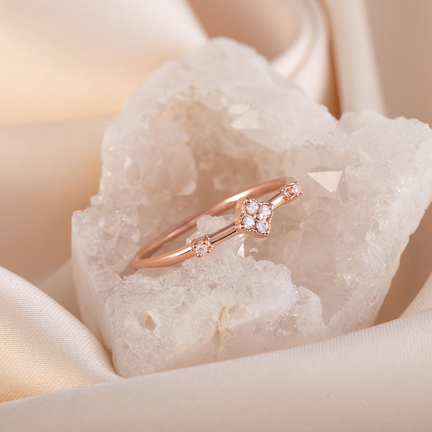 Dainty Minimalist 18K Rose Gold Vermeil Silver Clover CZ Promise Ring for Her