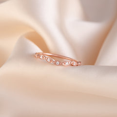 Women Art Deco Style 18K Rose Gold Vermeil Silver Half Eternity CZ Chevron Curved Stackable Wedding Band