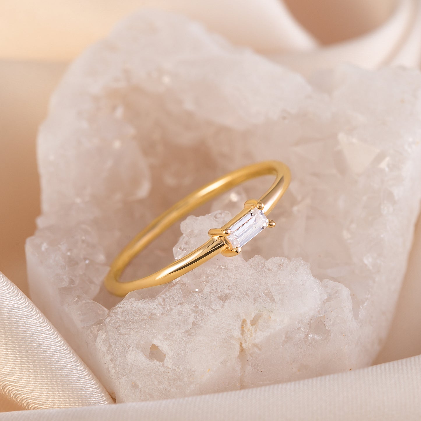 Dainty Minimalist 18k Vermeil Gold Filled Silver Baguette CZ Solitaire Promise Ring for Her