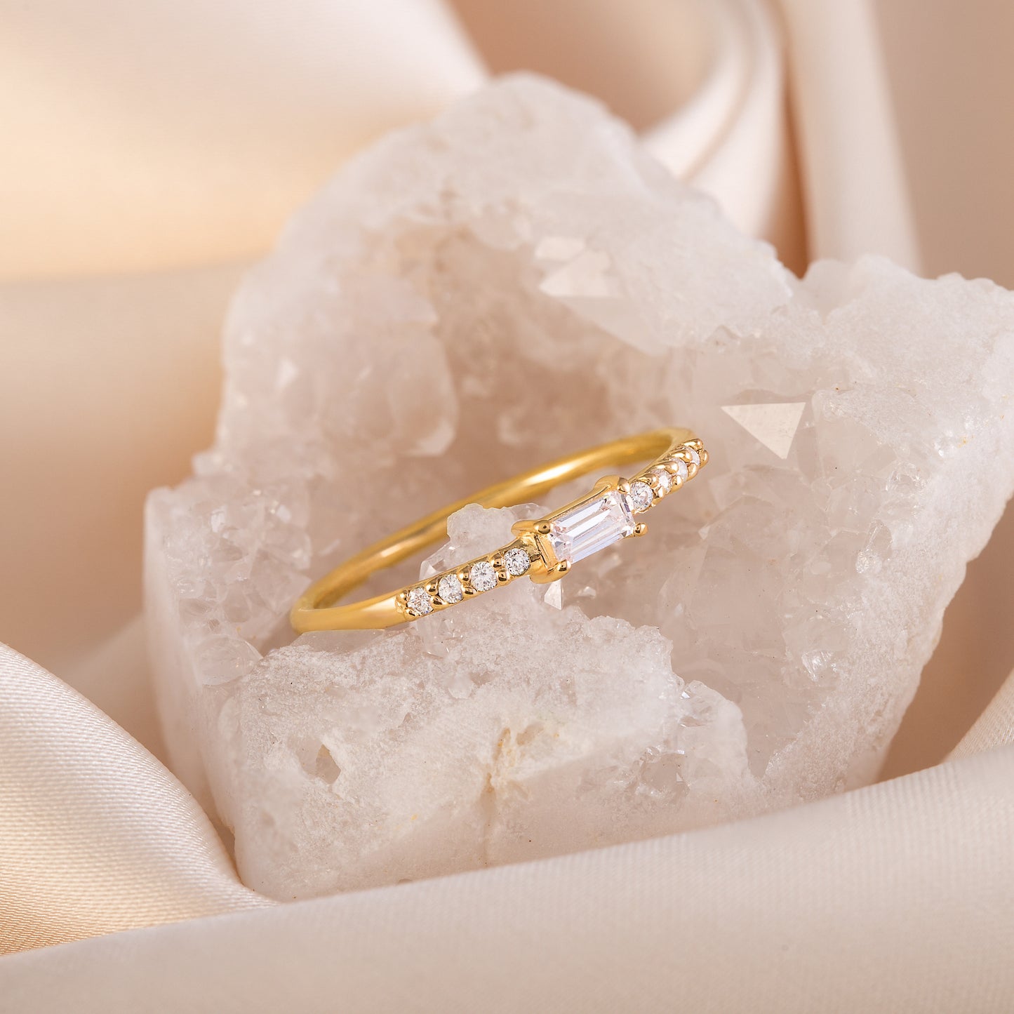 Dainty Minimalist 18k Yellow Gold Vermeil Silver Baguette CZ Promise Ring for Her