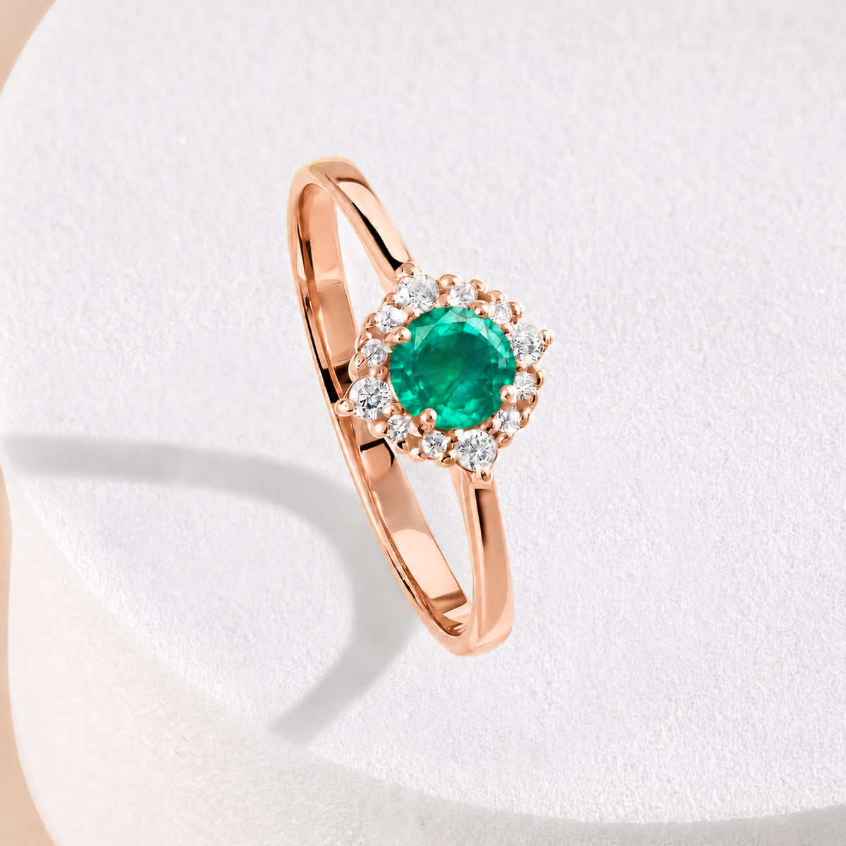Celeste Rose Gold Emerald Halo Ring