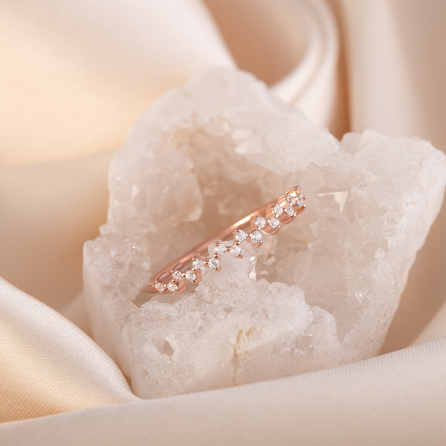 Dainty Minimalist 18k Rose Gold Vermeil Silver CZ Cluster Wedding Band for Her