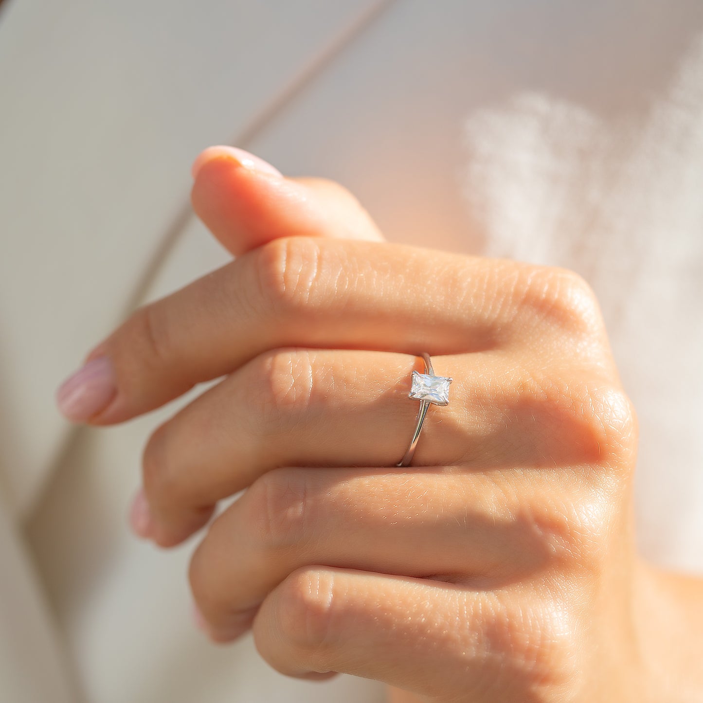 Dainty Minimalist 925 Sterling Silver Baguette Cubic Zirconia Solitaire Engagement Ring for Her