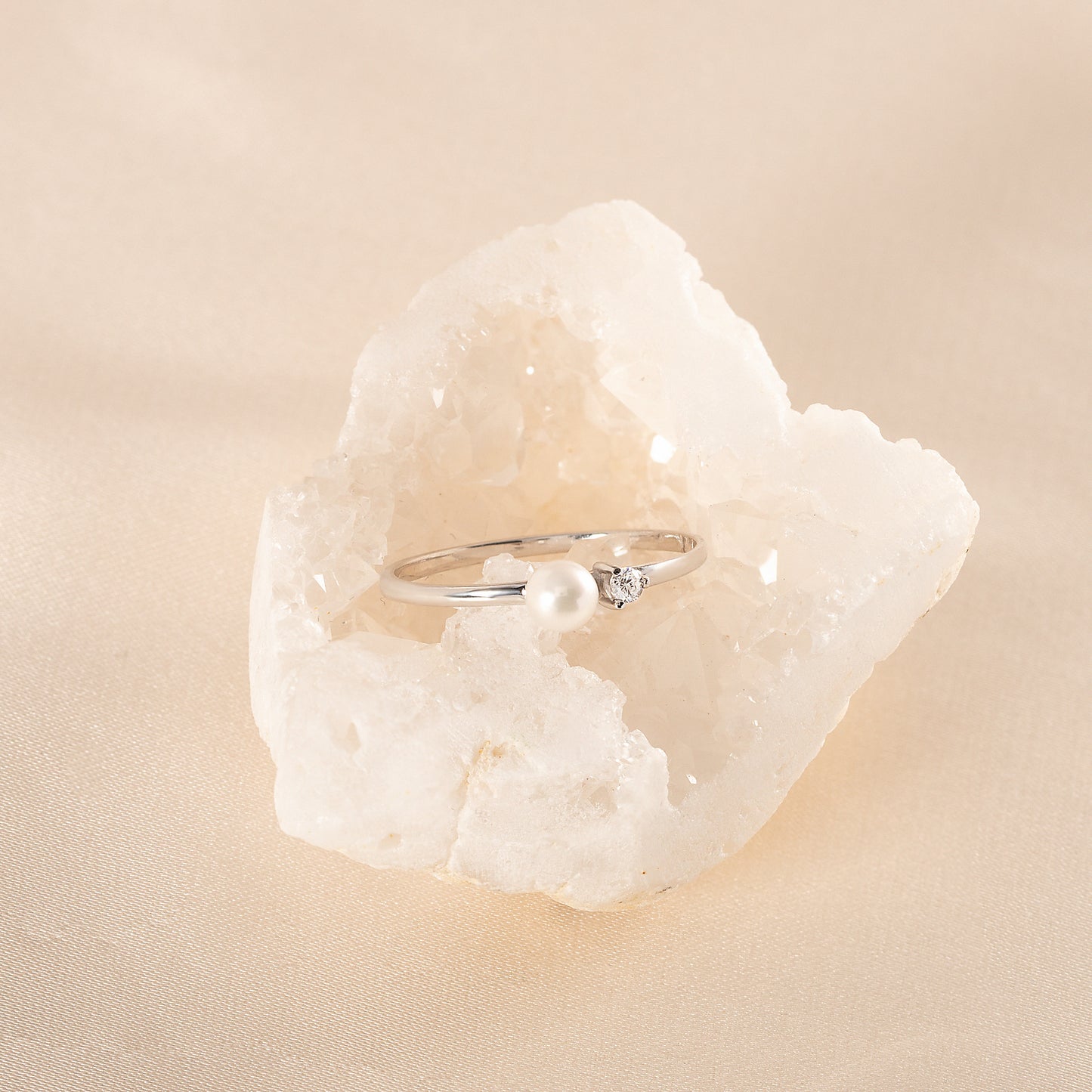 Dainty 925 Sterling Silver White Pearl & CZ Promise Ring for Her