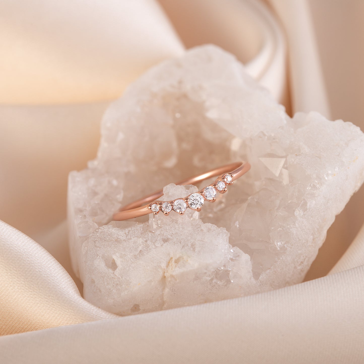 Women Dainty 18K Rose Gold Vermeil Silver Сhevron CZ Wedding Band, Curved Stackable Ring