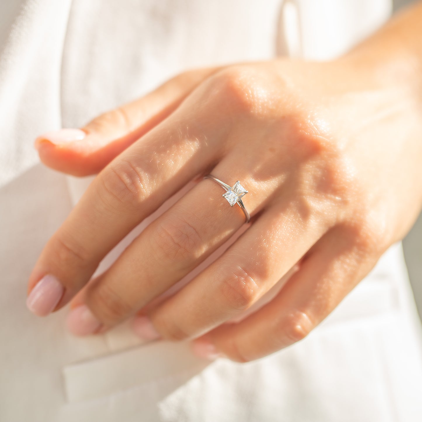 Dainty Minimalist 925 Sterling Silver Baguette Cubic Zirconia Solitaire Engagement Ring for Her