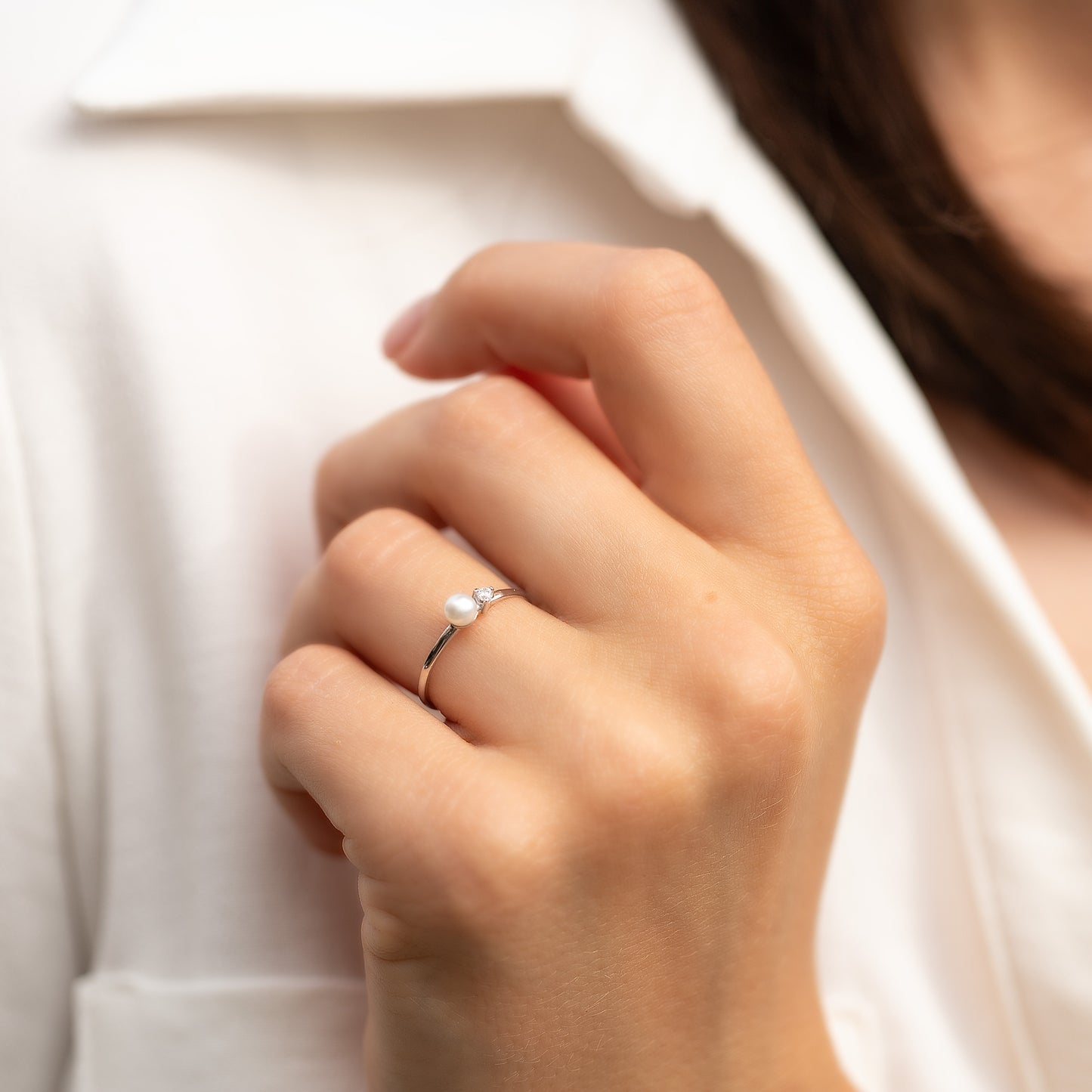 Dainty 925 Sterling Silver White Pearl & CZ Promise Ring for Her