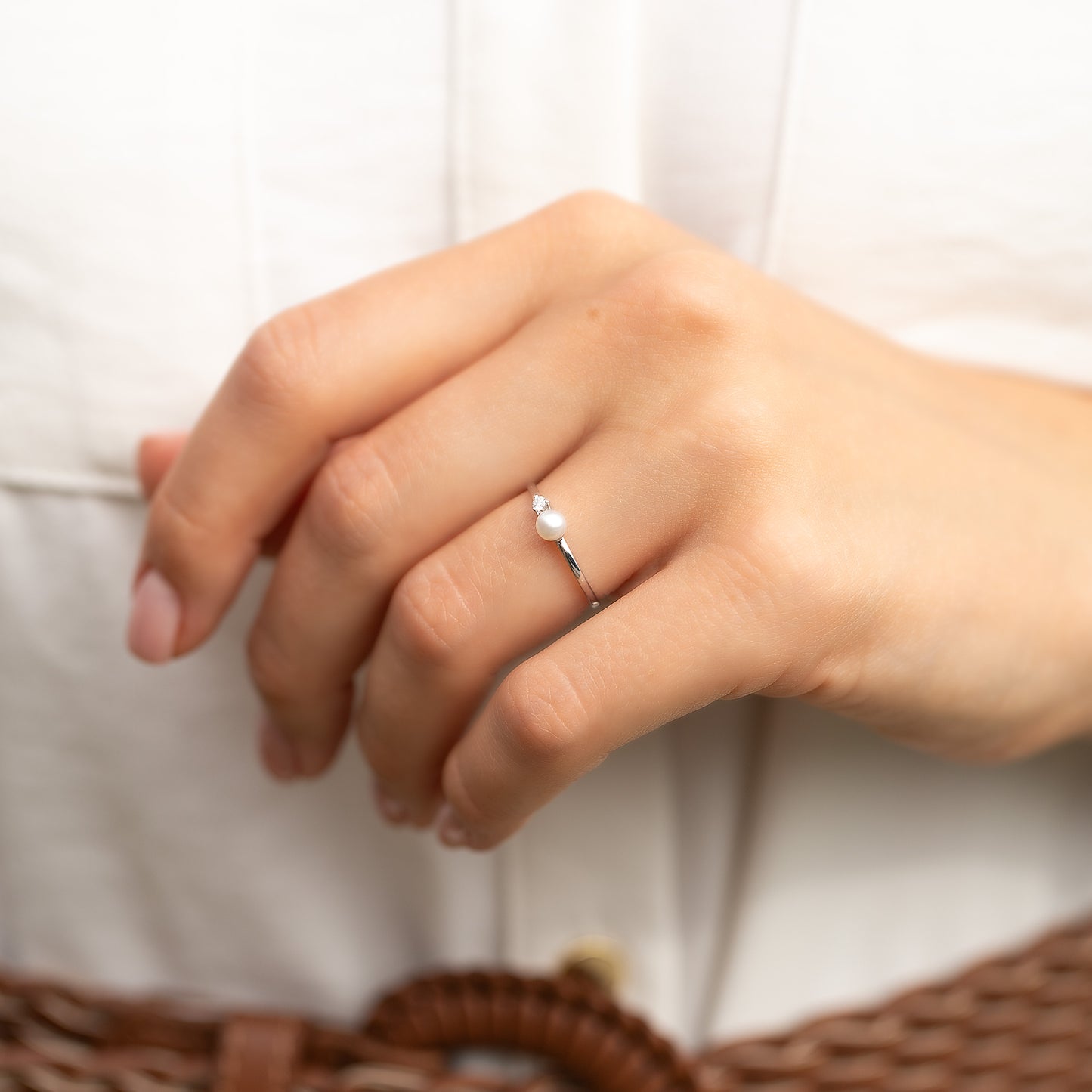 Dainty 925 Sterling Silver White Pearl & CZ Promise Ring for Her