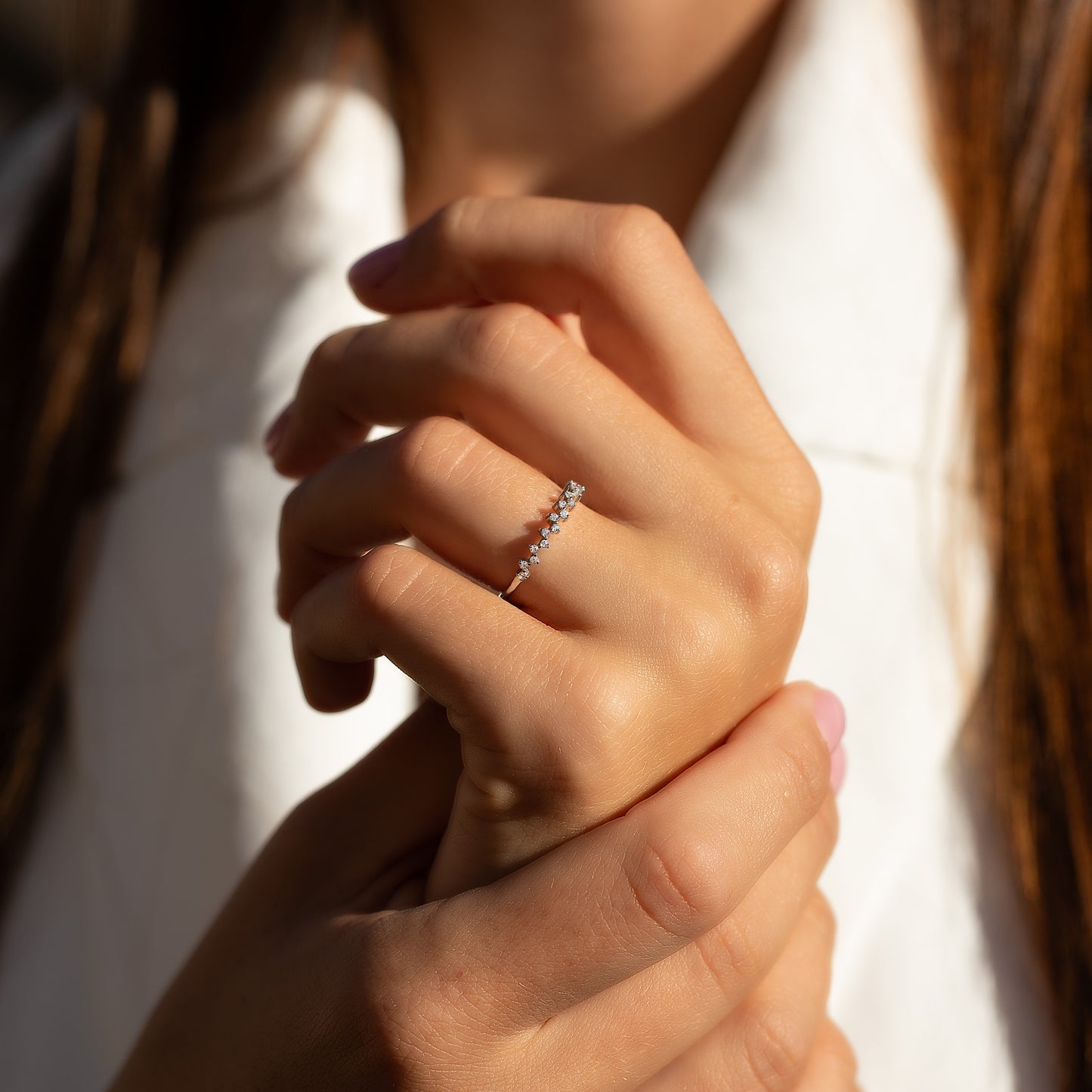 Women Dainty Minimalist 925 Sterling Silver CZ Cluster Wedding Stacking Band