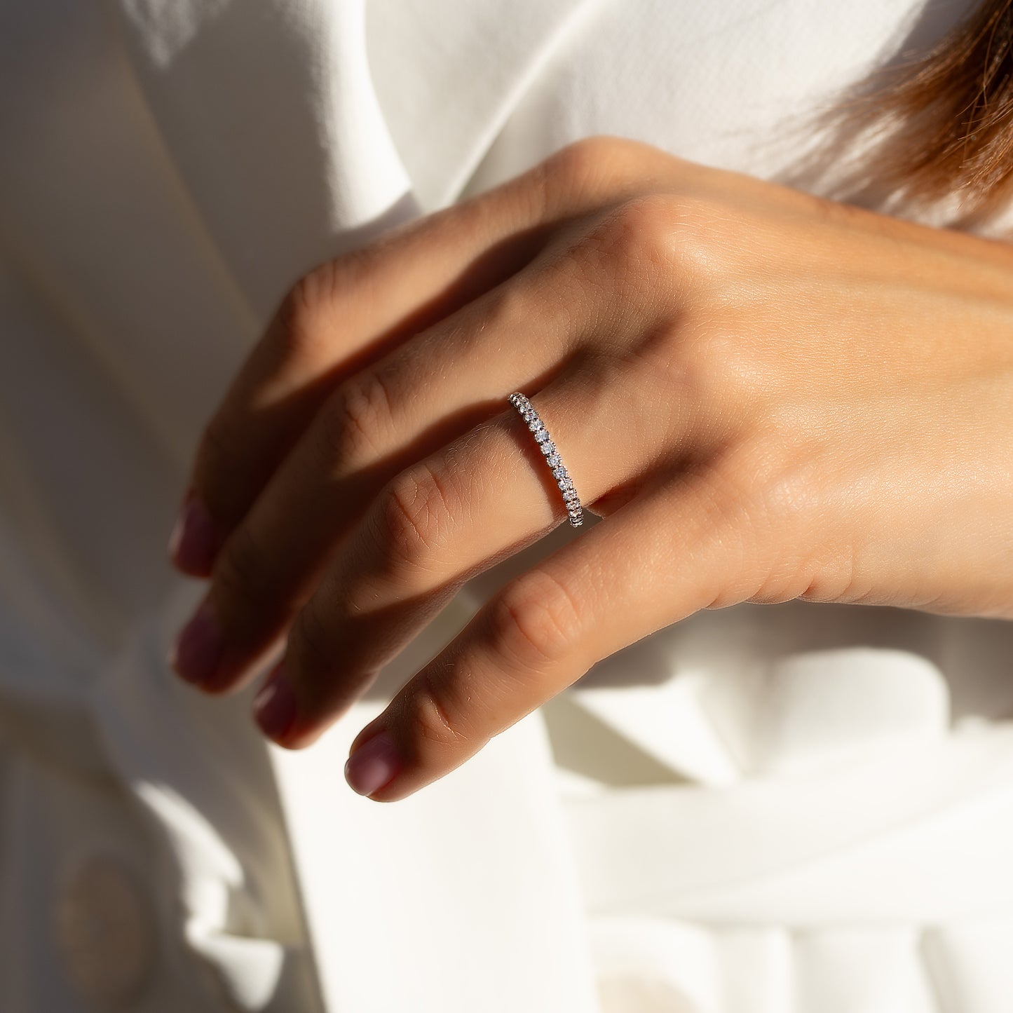 Women Minimalist Elegant 925 Sterling Silver Half Eternity CZ Wedding Band
