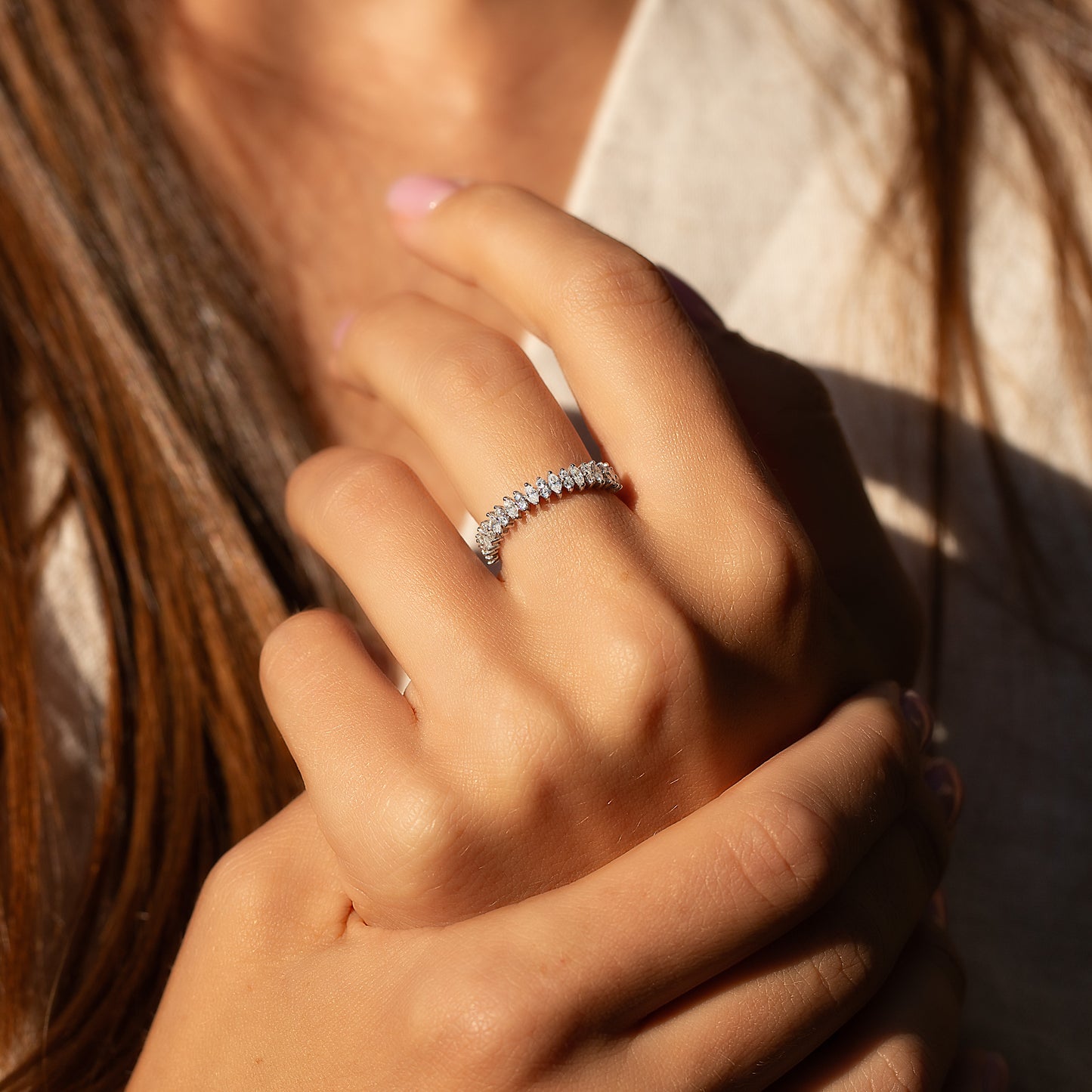 Women Unique 925 Sterling Silver Marquise & Round CZ Wedding Band