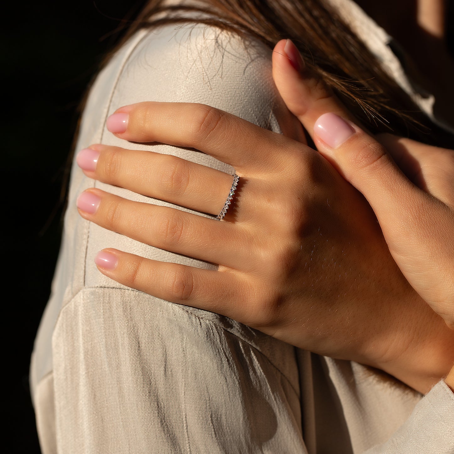 Women Dainty 925 Sterling Silver Half Eternity CZ Wedding Band