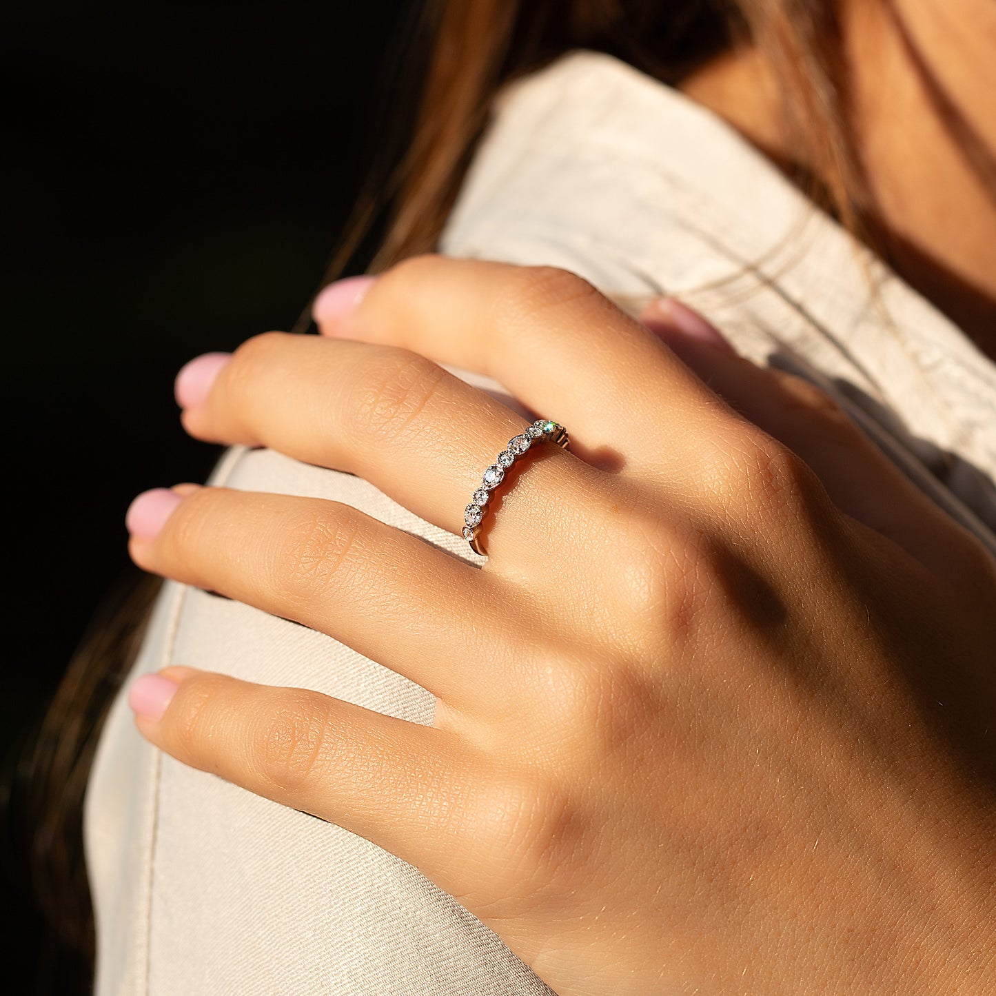 Women Unique 925 Sterling Silver Half Eternity CZ Wedding Band