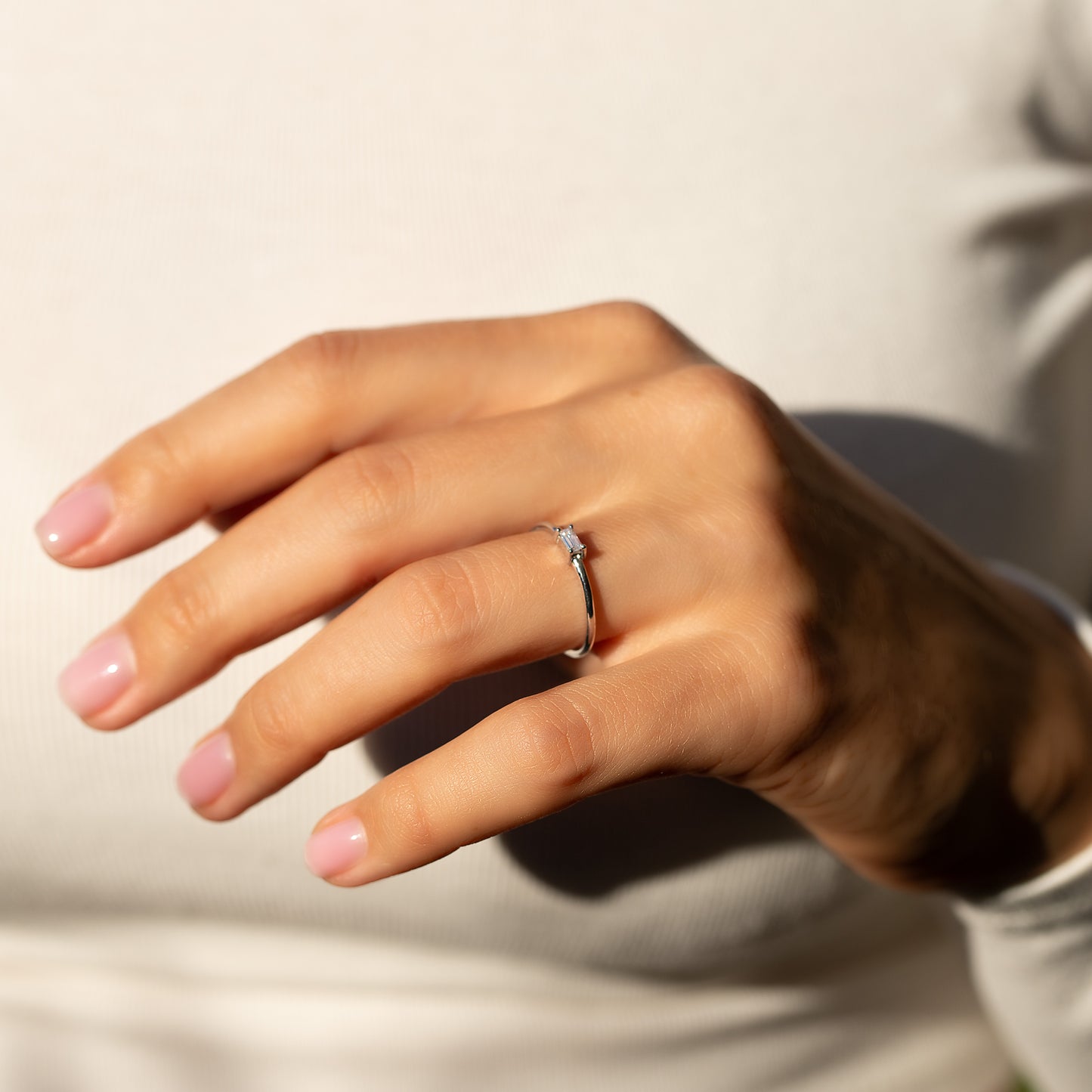 Minimalist Delicate 925 Sterling Silver Baguette CZ Solitaire Promise Ring for Her