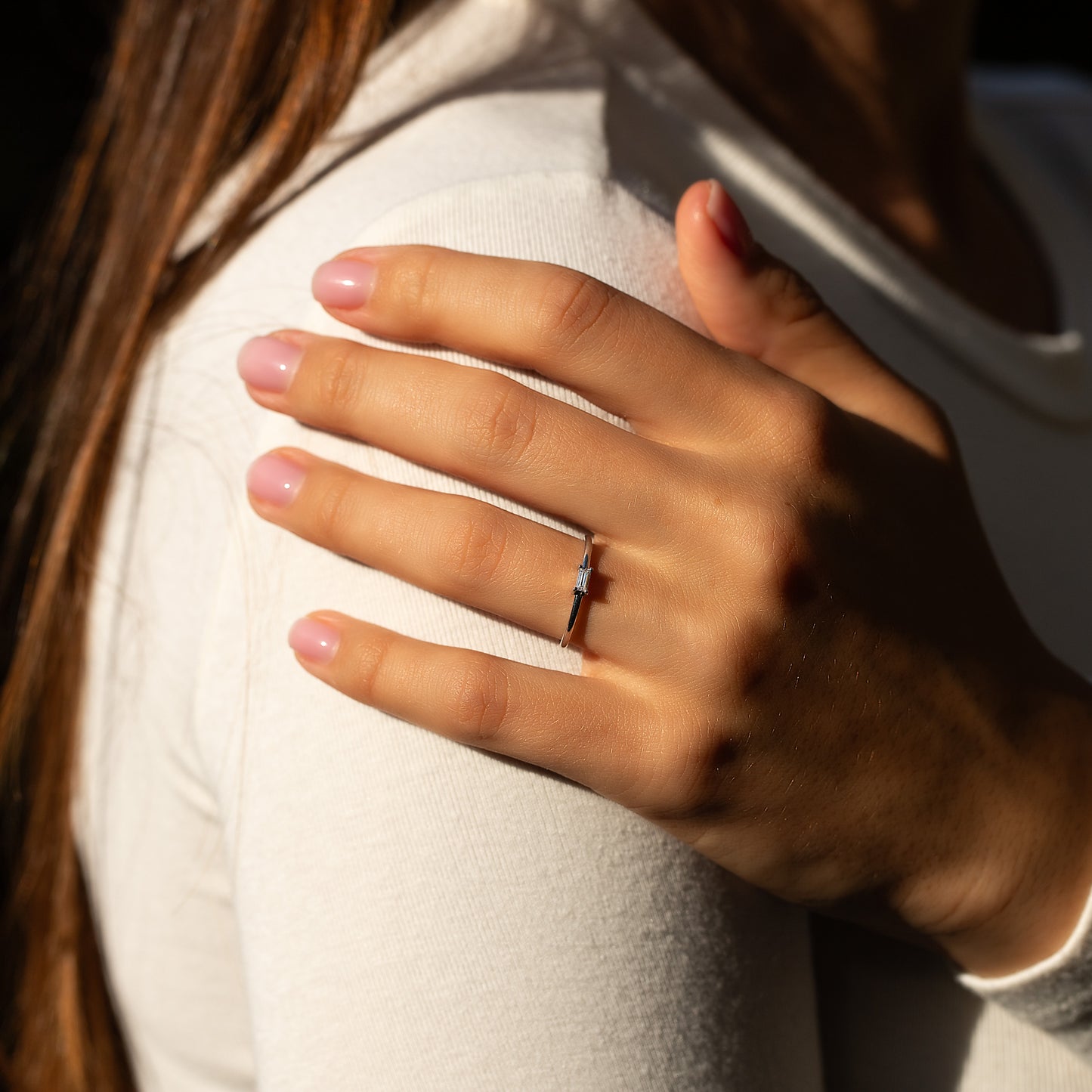 Minimalist Delicate 925 Sterling Silver Baguette CZ Solitaire Promise Ring for Her