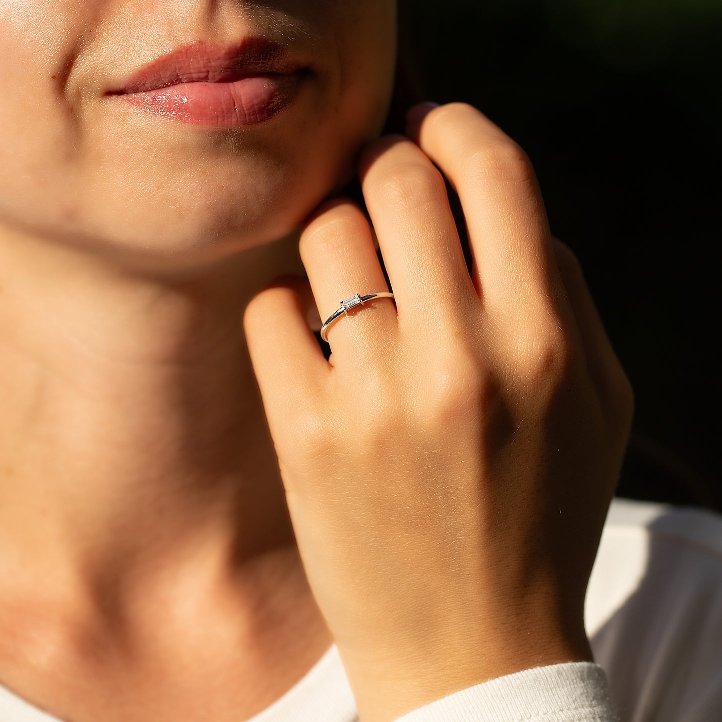 Minimalist Delicate 925 Sterling Silver Baguette CZ Solitaire Promise Ring for Her