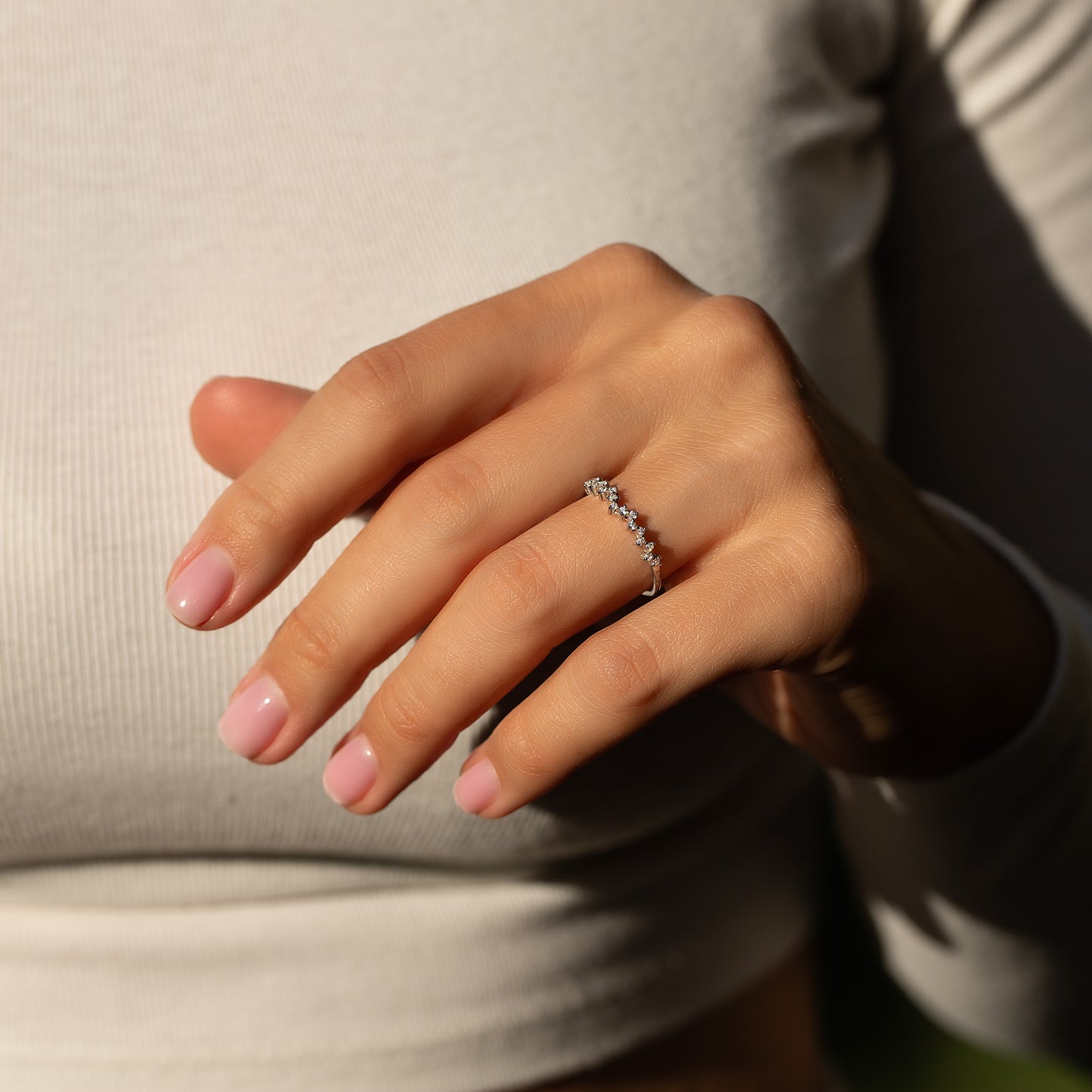 Women Minimalist Elegant 925 Sterling Silver CZ Cluster Wedding Band