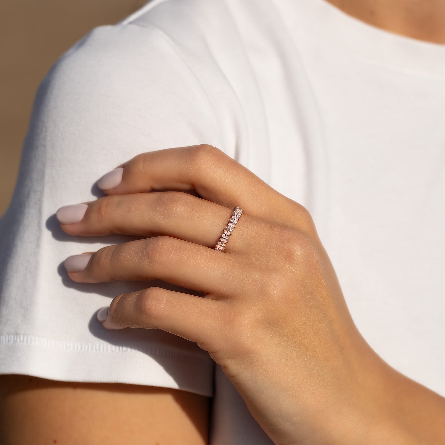 Women Dainty Victorian Style 18k Rose Gold Vermeil Silver Marquise CZ Wedding Band, Unique Stackable Band