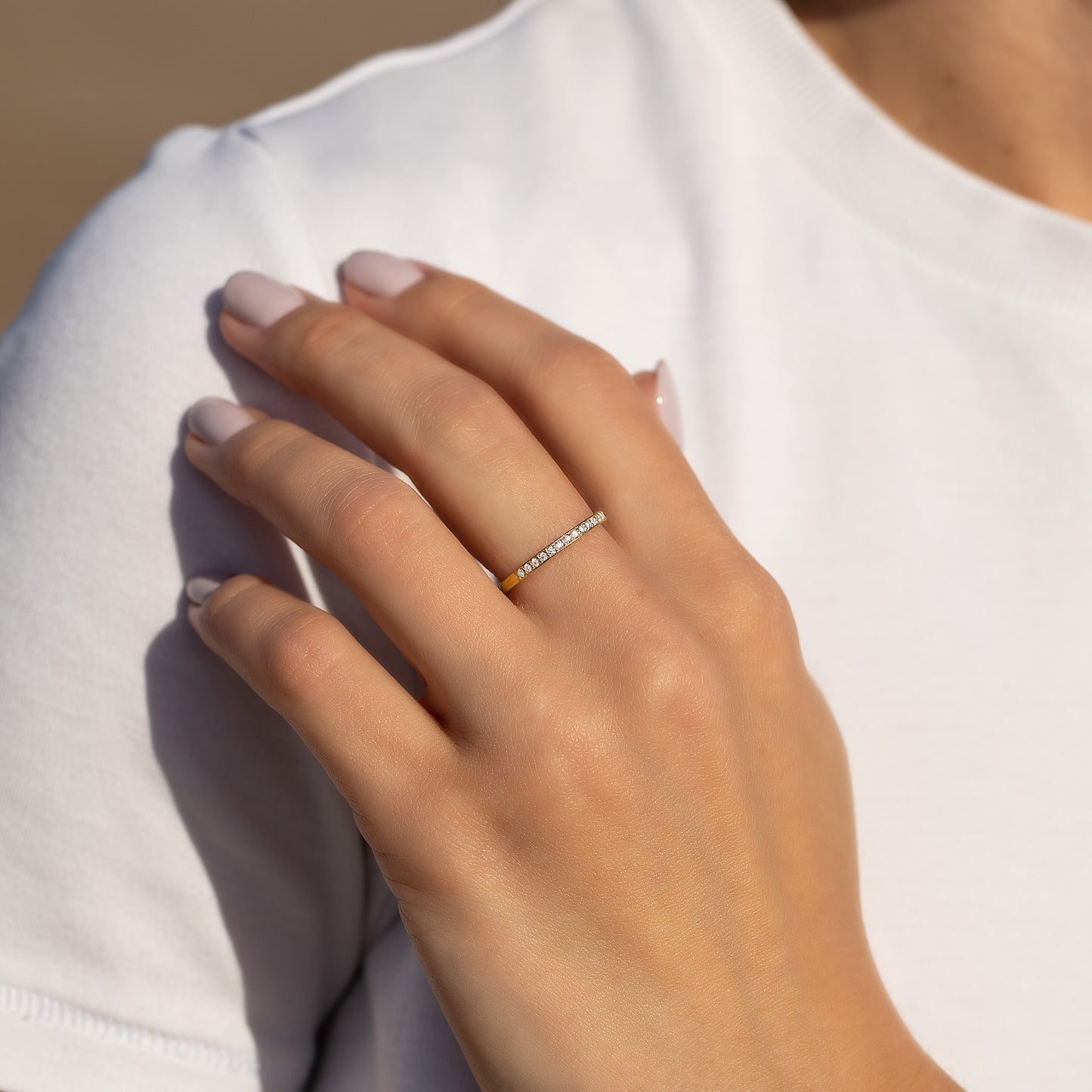 Women Minimalist Half Eternity CZ 18K Yellow Gold Vermeil Silver Wedding Band, Dainty Stacking Ring
