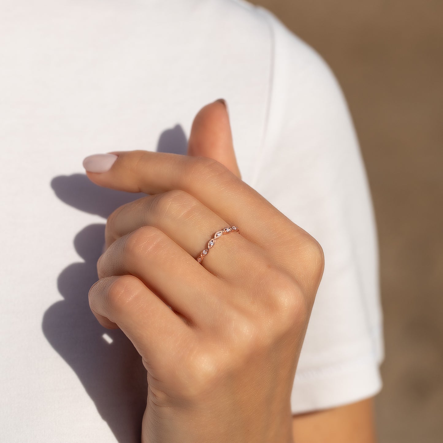 Women Art Deco Style 18K Rose Gold Vermeil Silver Half Eternity CZ Chevron Curved Stackable Wedding Band