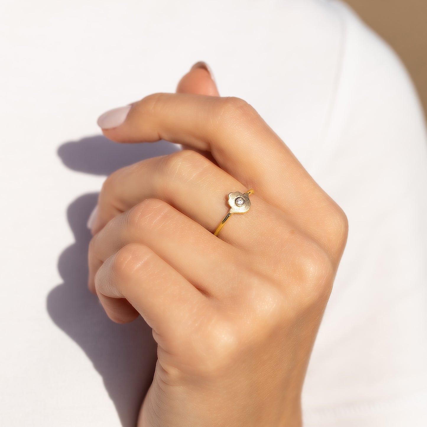 Women Dainty 18K Yellow Gold Vermeil Silver Protection Hamsa Hand Ring
