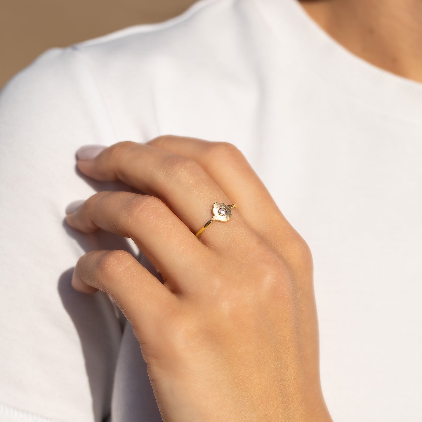 Women Dainty 18K Yellow Gold Vermeil Silver Protection Hamsa Hand Ring
