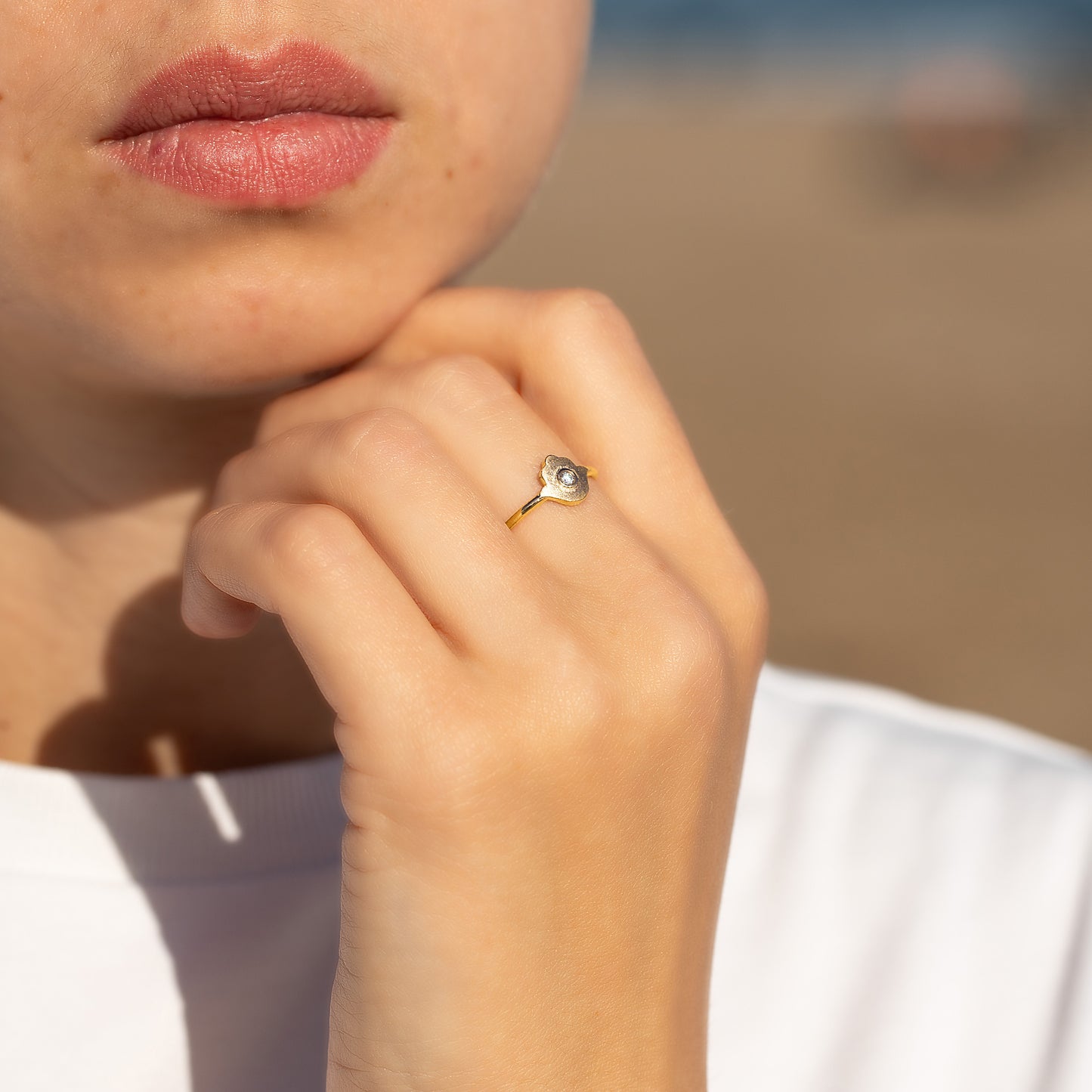Women Dainty 18K Yellow Gold Vermeil Silver Protection Hamsa Hand Ring