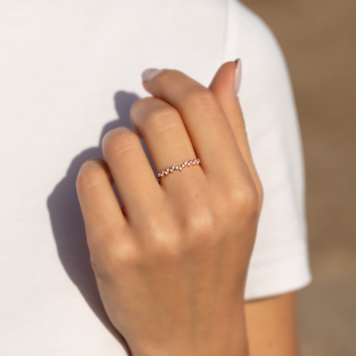 Women Minimalist Delicate 18K Rose Gold Vermeil Silver Cluster CZ Wedding Band