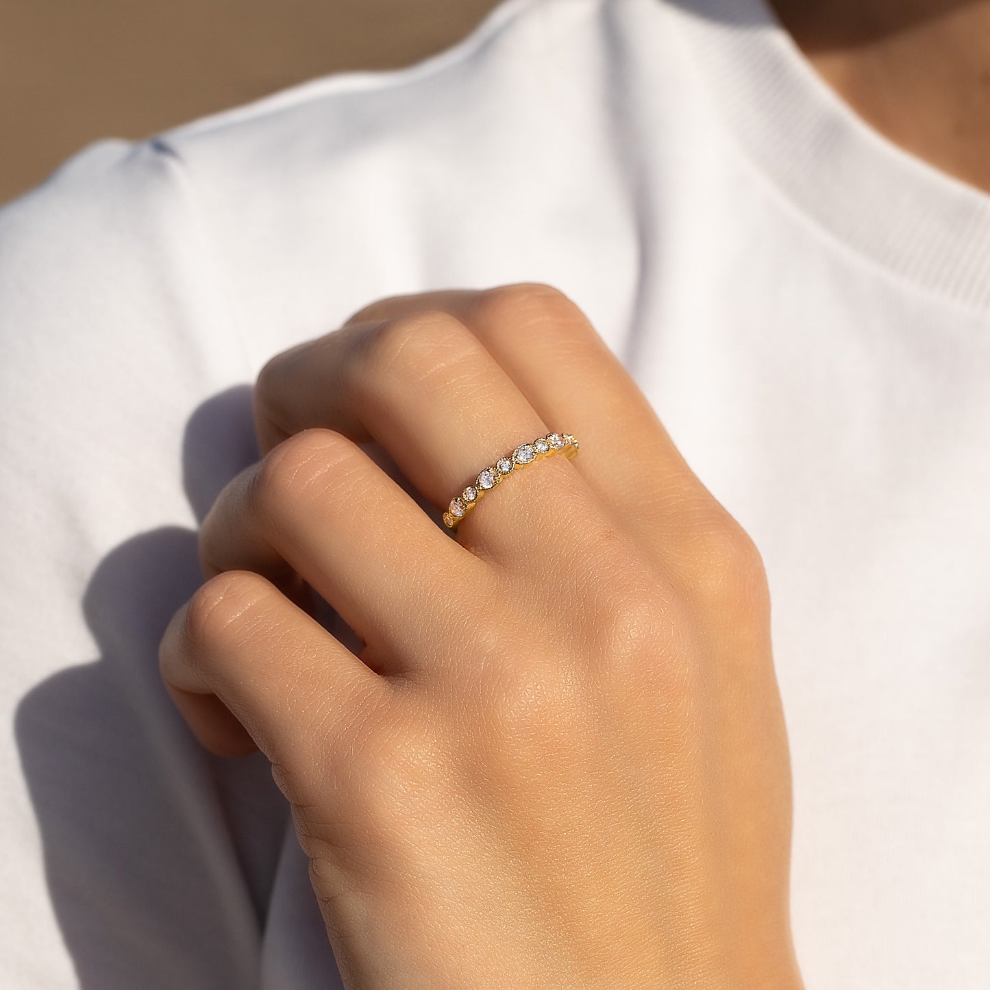 Women Dainty & Elegant 18K Yellow Gold Vermeil Bezel Set CZ Wedding Band