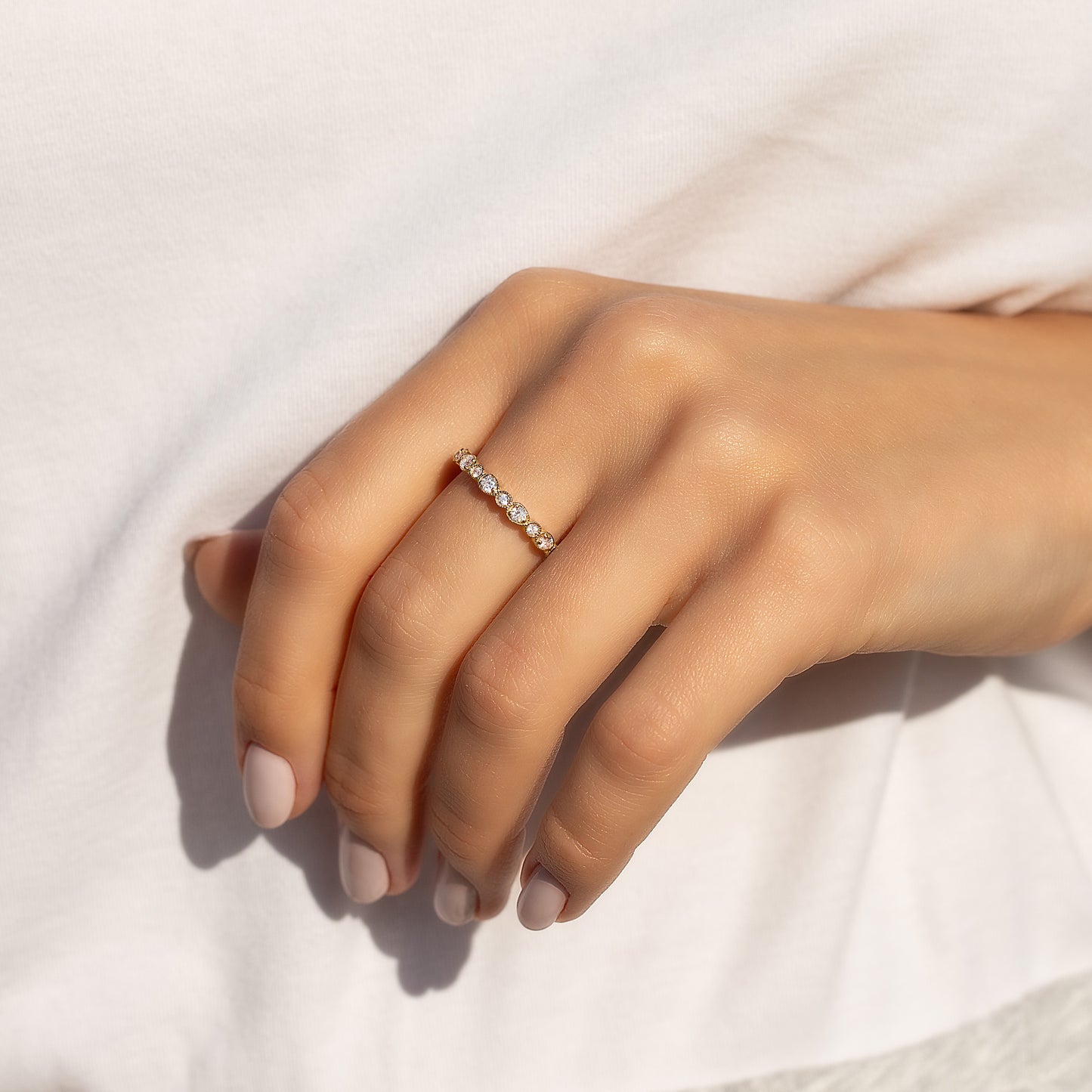 Women Dainty & Elegant 18K Yellow Gold Vermeil Bezel Set CZ Wedding Band