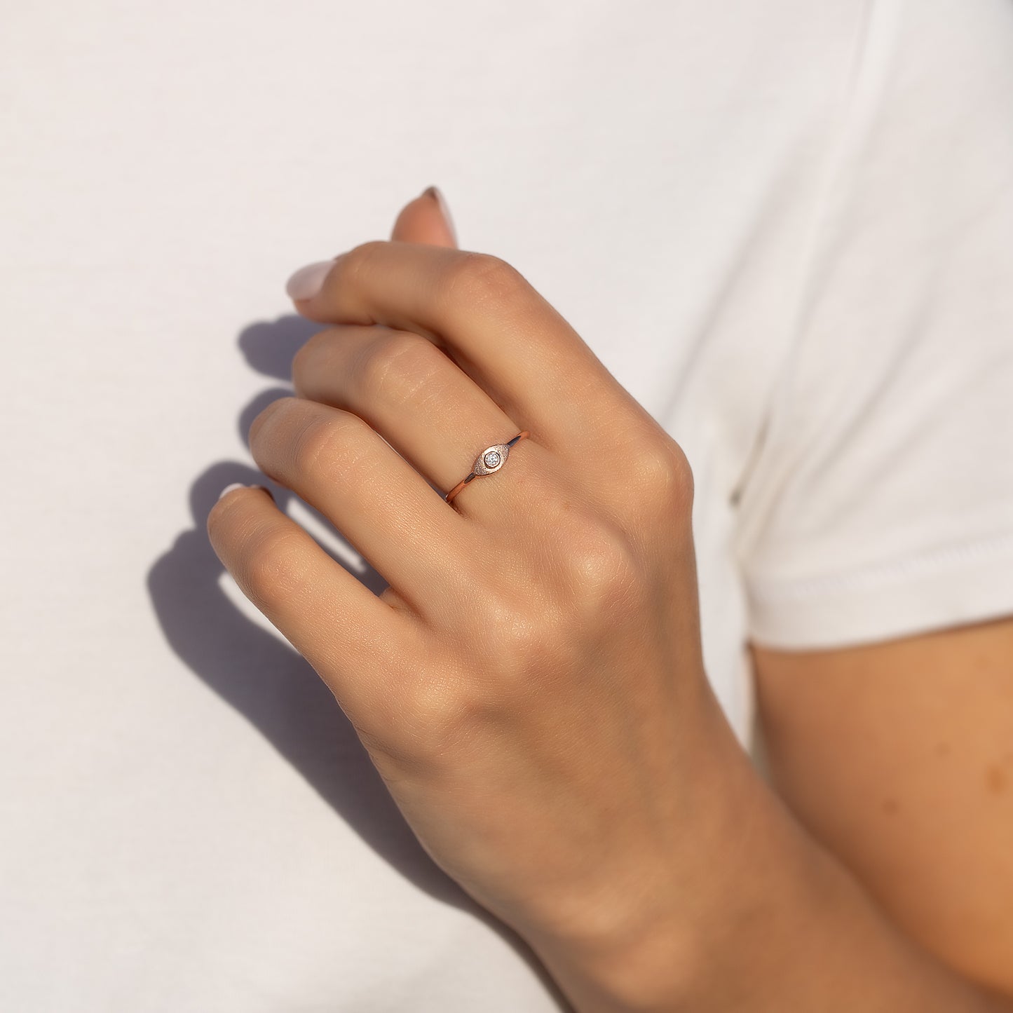 Damen 18 Karat Roségold Vermeil Silber Solitär Zirkonia Evil Eye Schutzring