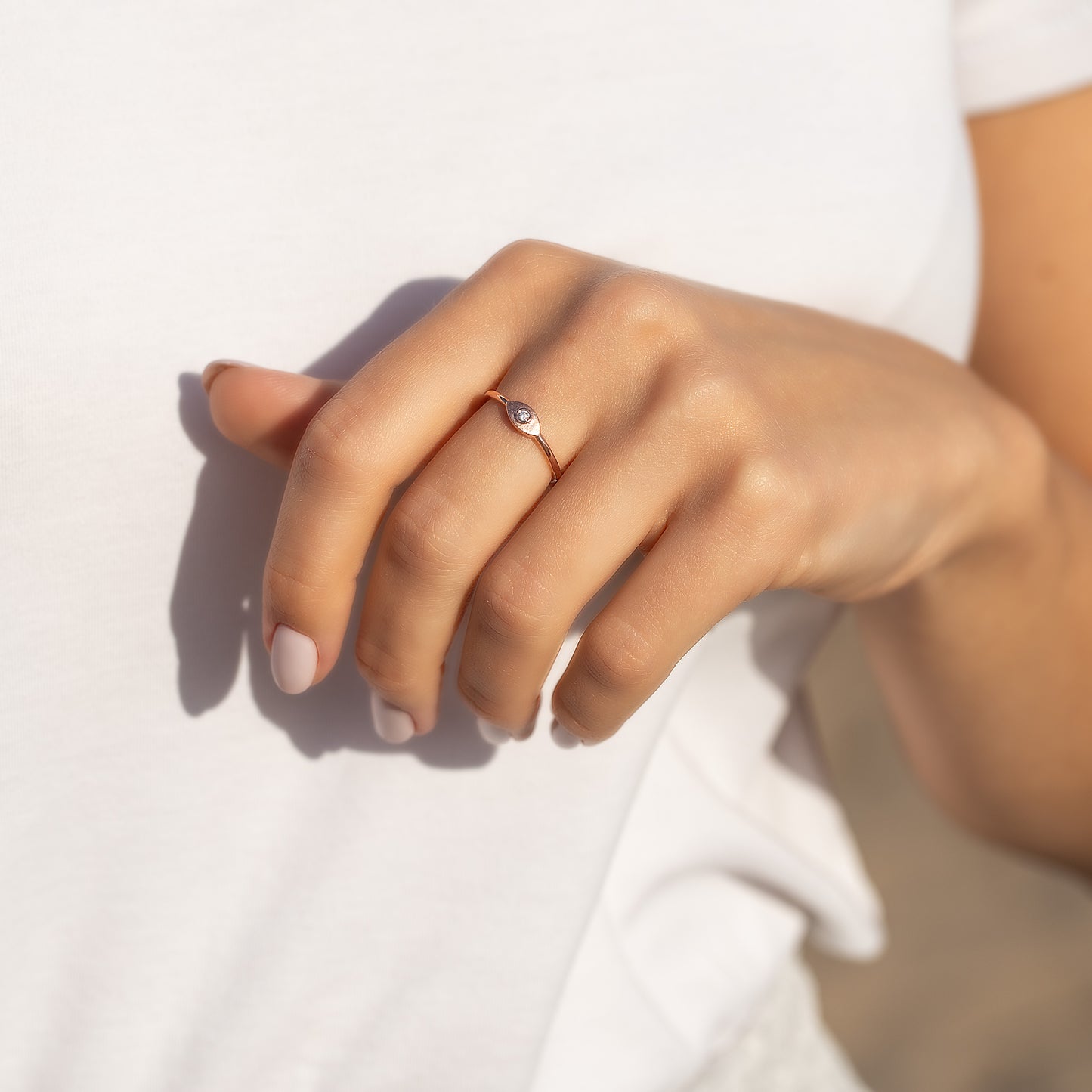Damen 18 Karat Roségold Vermeil Silber Solitär Zirkonia Evil Eye Schutzring