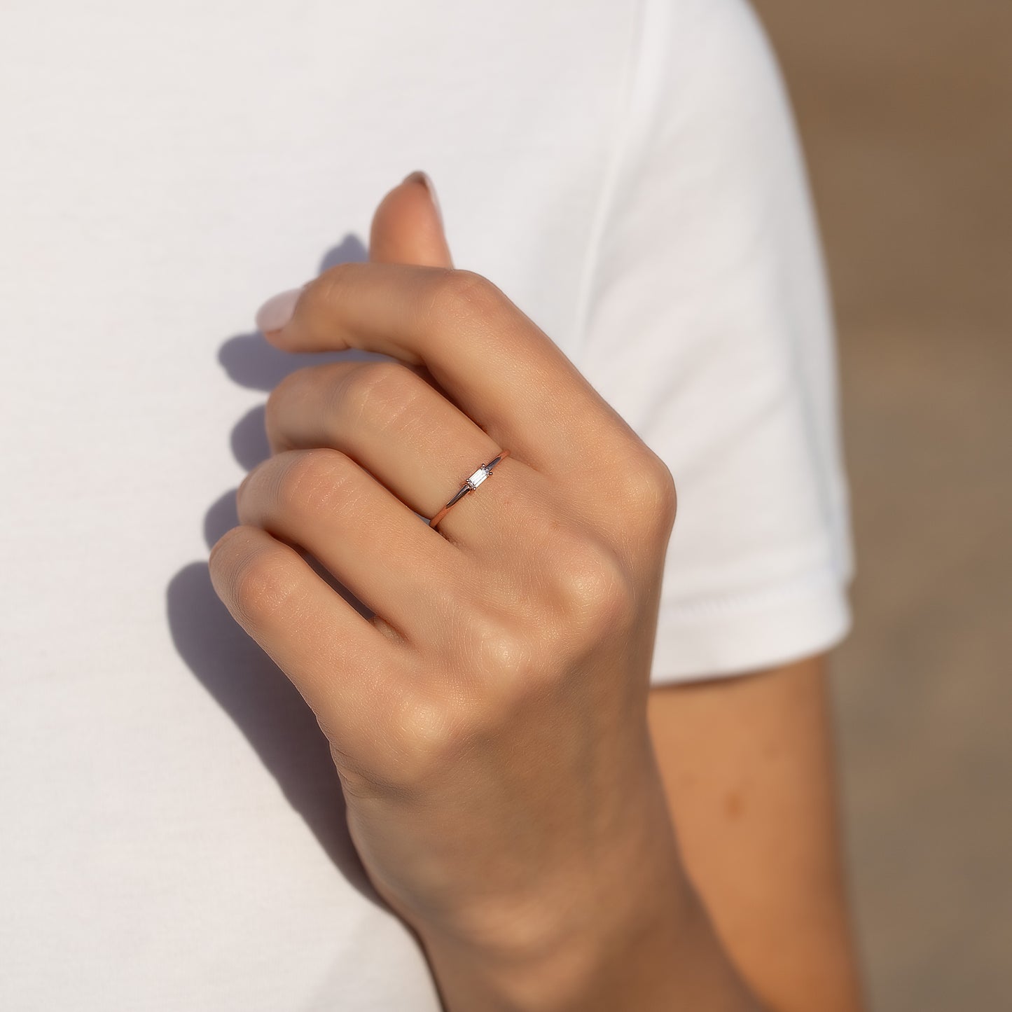 Minimalist 18K Rose Gold Vermeil Silver Baguette CZ Promise Ring for Her